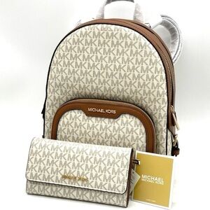 Michael Kors Jaycee Medium Zip Packet Backpack & Large Trifold Wallet Vanilla